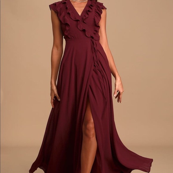 Lulus burgundy ruffled wrap maxi dress - Picture 6 of 6
